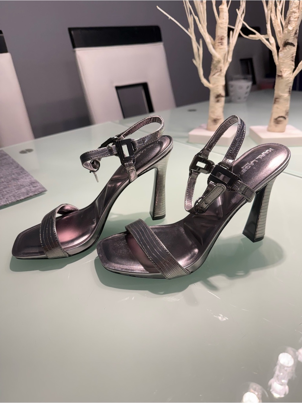 Metallic Silver High Heel Sandals with Ankle Strap